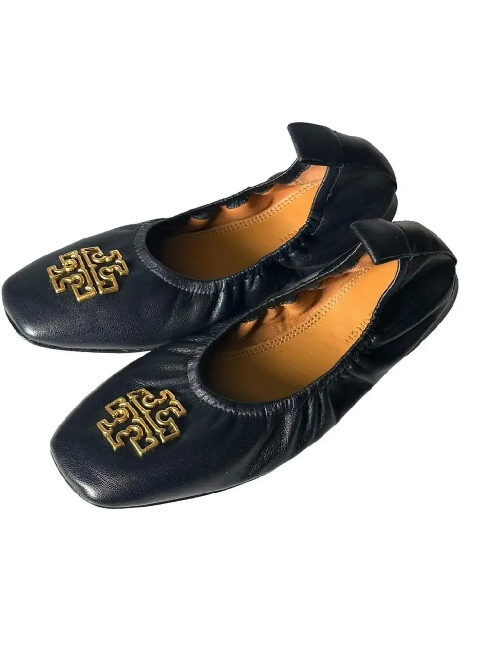 Tory Burch Britten Leather Ballet Flats Black Gold Logo 5.5M